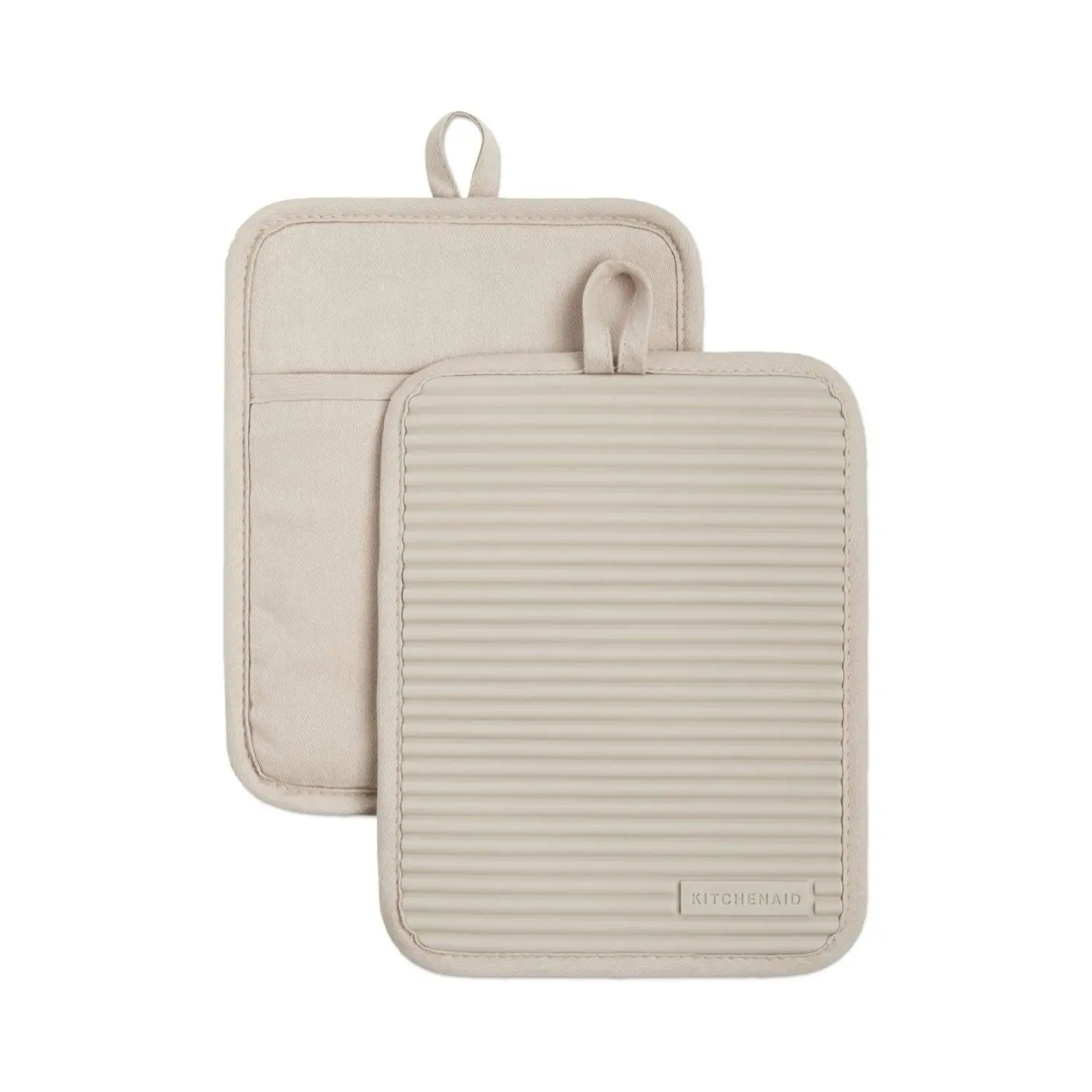 KitchenAid Ribbed Soft Silicone Pot Holder 2-Pack Set, Milkshake Tan, 7"x9", Ribbed Design for Secure Grip and Reducing Spills