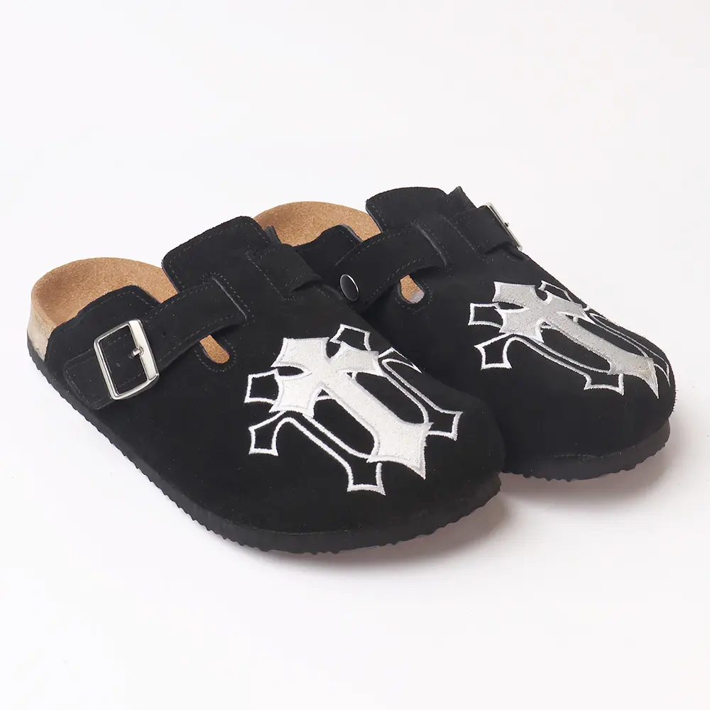 Embroidered Gothic Suede Clogs men's Mule Slippers Adjustable Buckle Slip-On Shoes casual  all-season wear