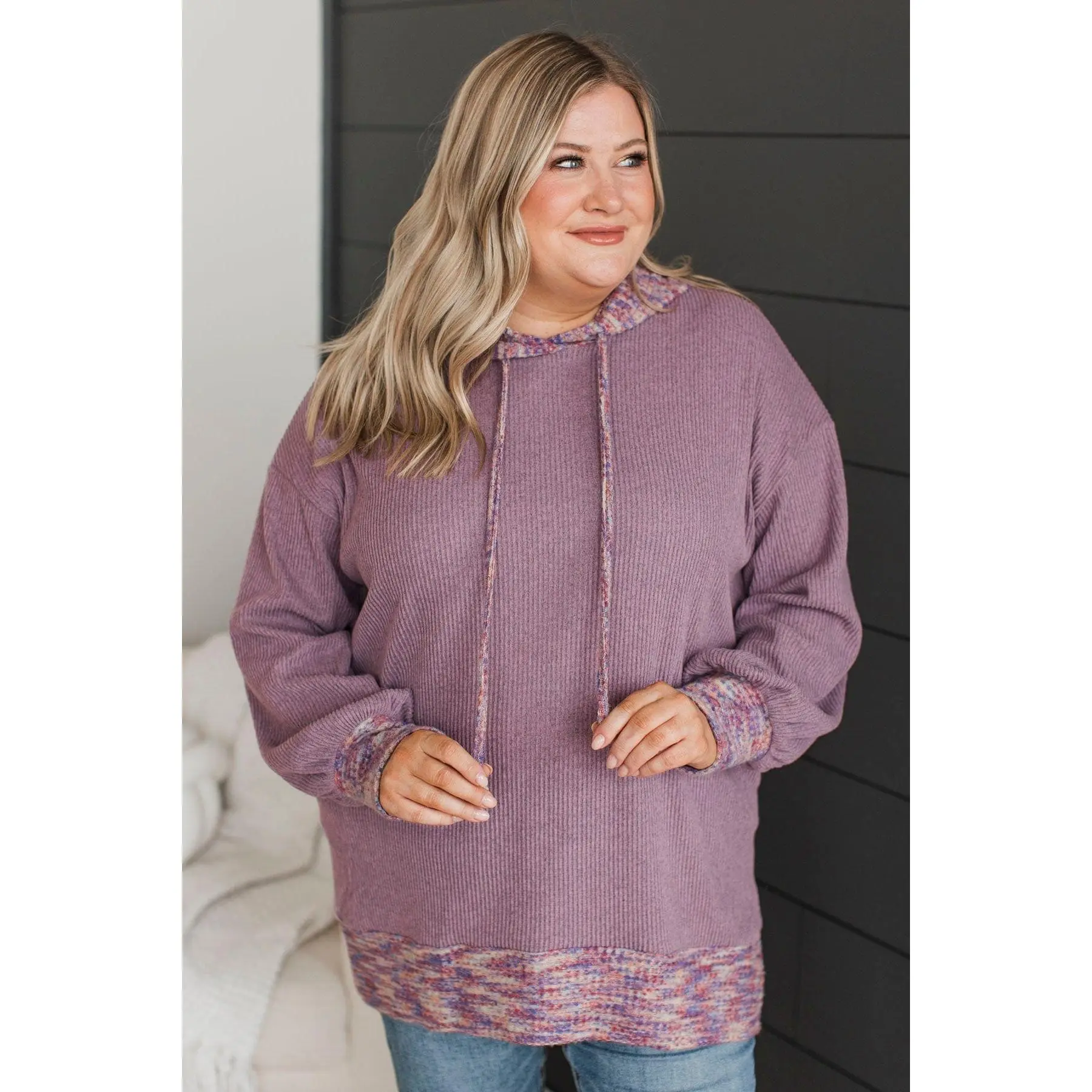 Women's Lightweight Ribbed Knit Casual Long Sleeve Hoodie Sweatshirt - Relaxed Fit, Drop Shoulder Pullover, Multi-Color Contrast Trim, Drawstring, Stretch Fabric Polyester Blend, Imported, Dusty Lavender, Hand Wash Only (Do Not Dry Clean)