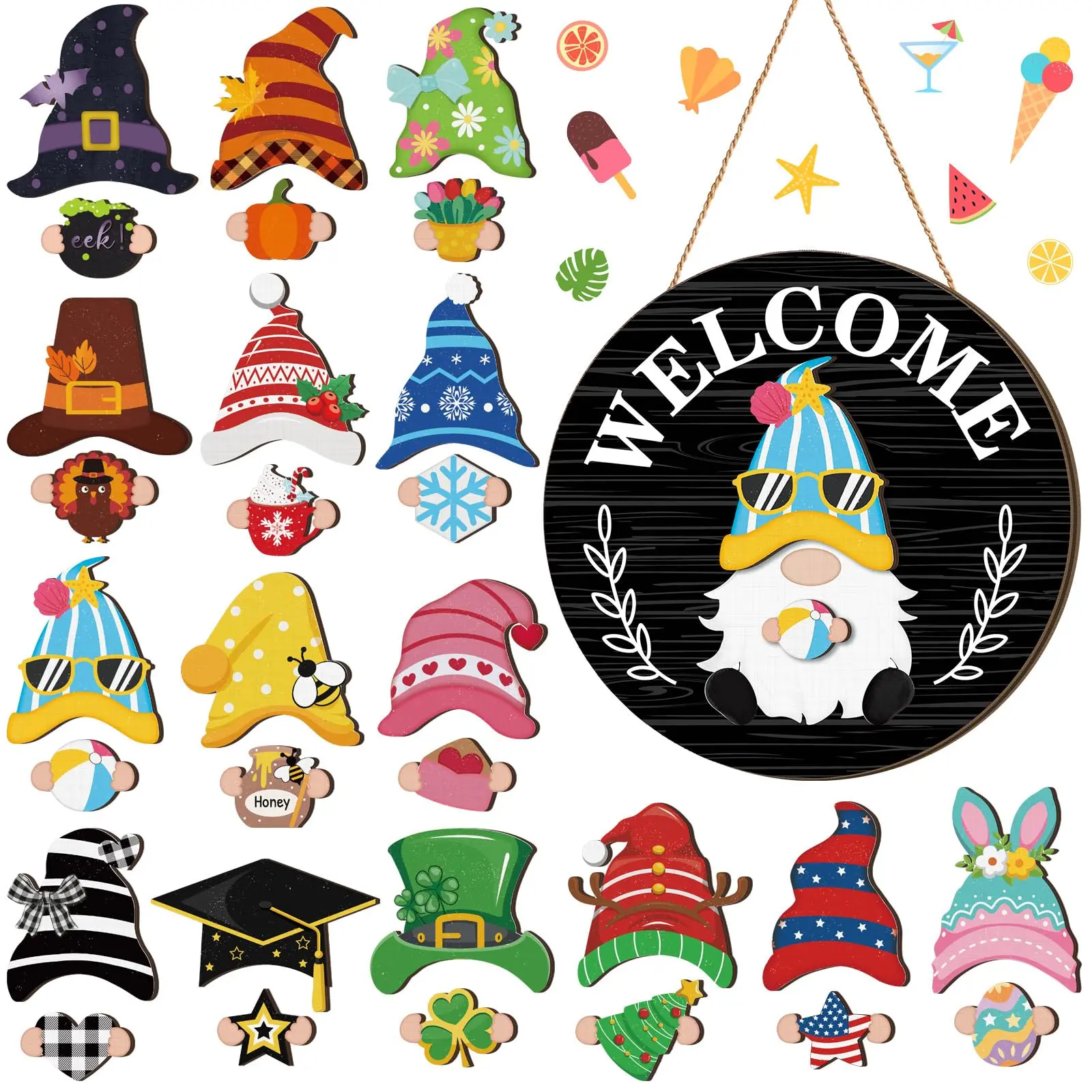 Magnetic Interchangeable Gnome Door Hanger, Seasonal Wooden Welcome Sign with Detachable Decor Pieces, Farmhouse Style Ornaments for Home Holiday Decor