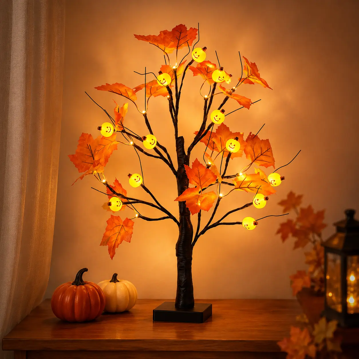 Halloween Maple Leaf and Jack-o'-Lantern Tree Light, 23.6 inches with 24 LEDs, warm-toned Halloween tree featuring orange maple leaves and Jack-o'-lanterns, perfect for fall home decor on mantels, entryways, bedrooms, and living rooms