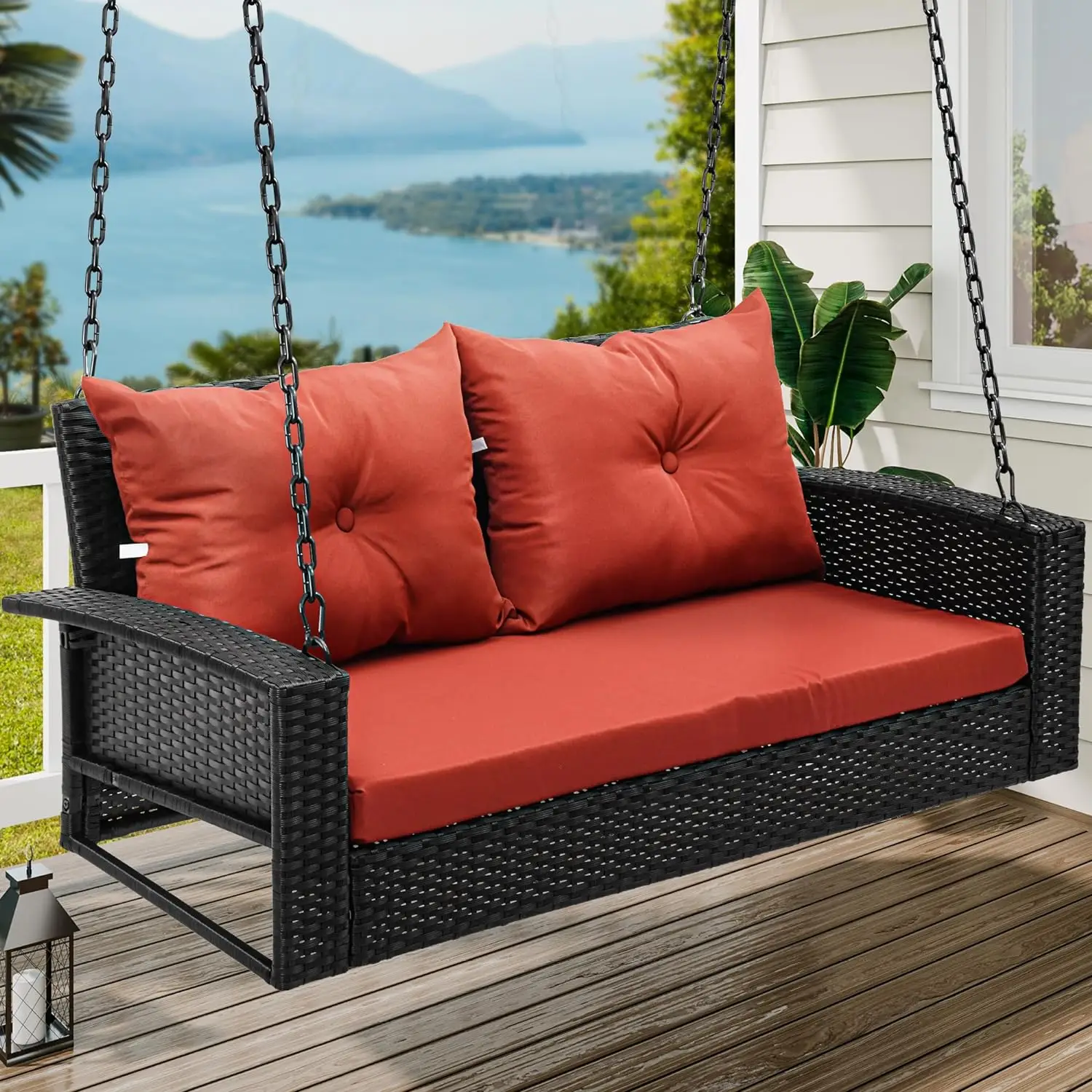 Yitahome 2-Seats Wicker Hanging Porch Swing Chair Outdoor Black Rattan Patio Swing Lounge w/ 2 Back Cushions Capacity 530lbs for Garden, Balcony, Red