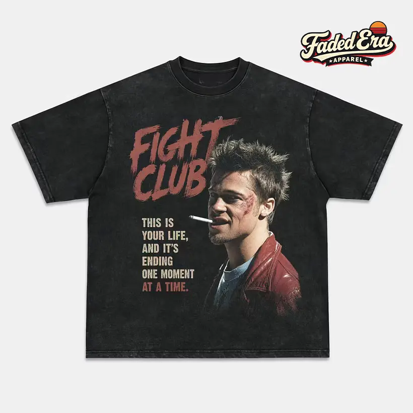 Men's Soft Cotton Fabric Casual Short-Sleeve T-Shirt/Tank Top - 1999 Fight Club Smoking Portrait Graphic, Vintage 90s Cult Movie Design, Black Washed Unisex, Cinema Fan Gift, S-3XL, Breathable, Shortsleeve, Menswear