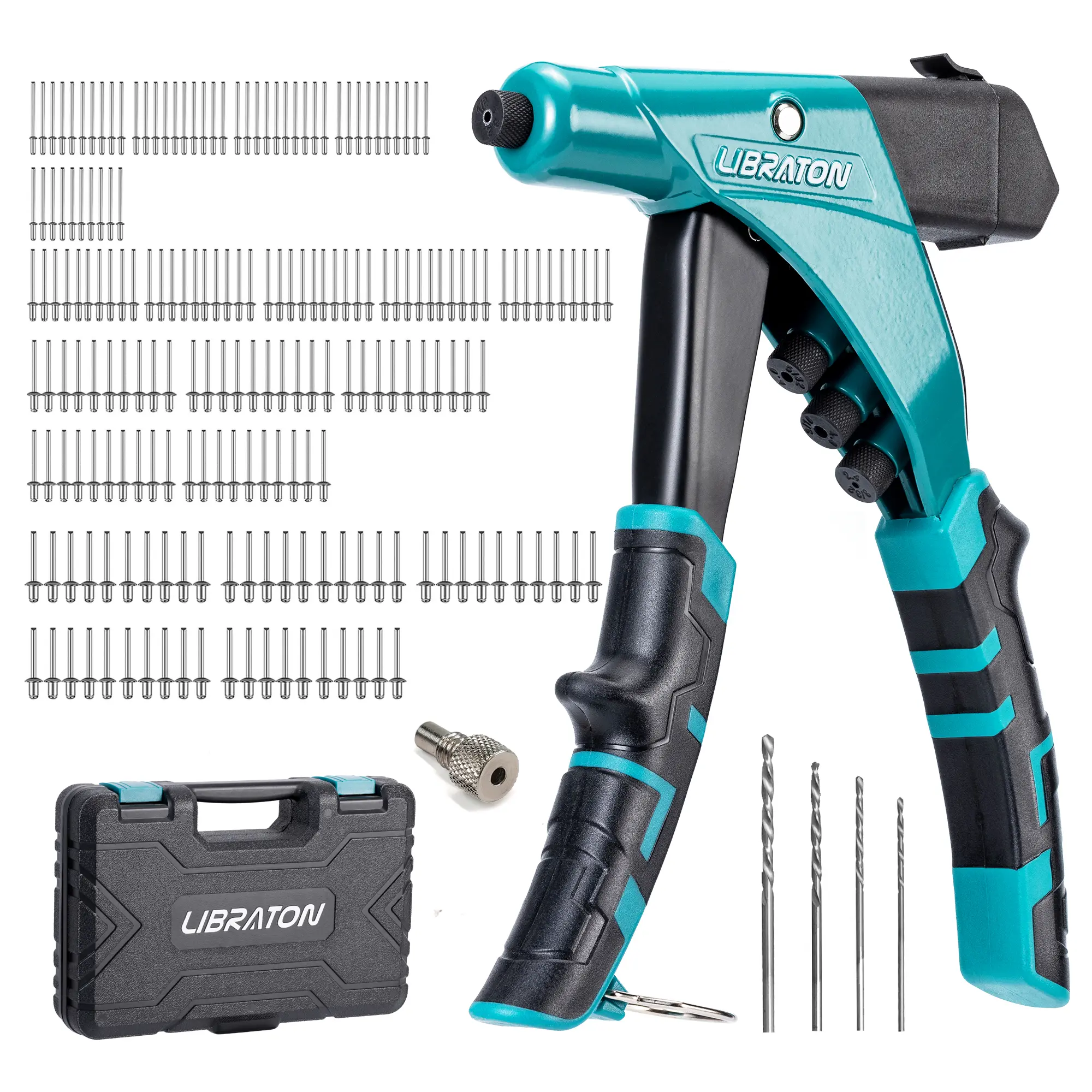 Libraton Professional Heavy Duty Rivet Gun, One-Handed Pop Rivet Gun Set, Robust Riveter with Shaft Container, Manual Riveting Tool, Tool-Free Interchangeable Heads, for Metal, Wood and Plastic outdoorfun Industrial