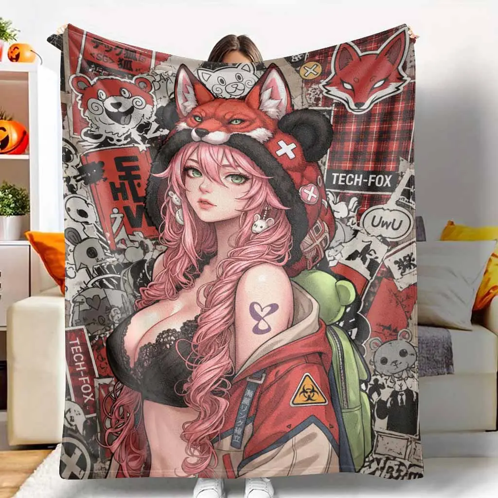 Anime Fox Girl Flannel Blanket Tech Fox Graffiti Print Soft Cozy Lightweight Warm Plush Throw for Sofa Bed Gaming Room Dorm Studio Travel Birthday Holiday Gift Lounge Decor