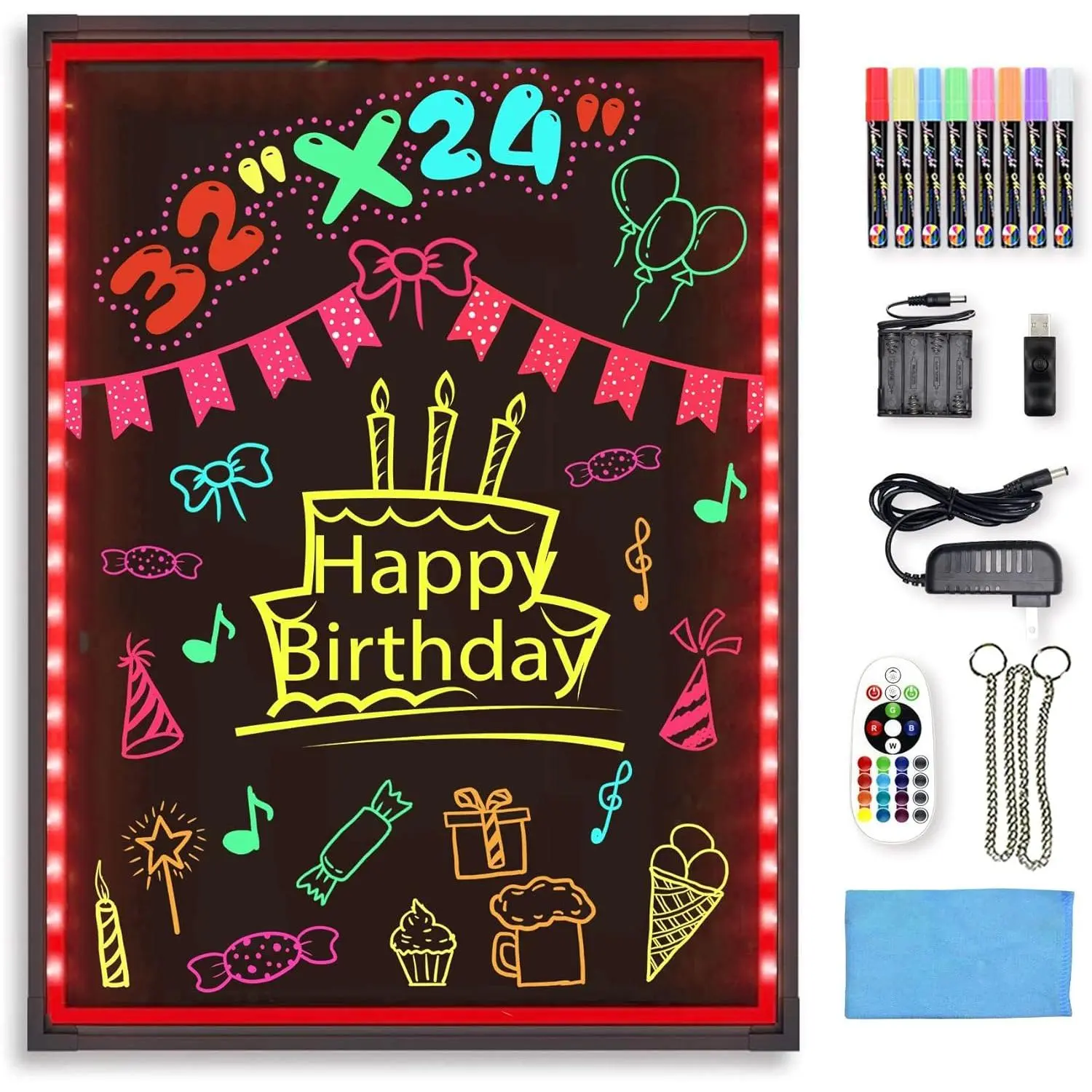 LED Message Writing Board 32"x24" Illuminated Erasable Neon Effect Restaurant Menu Sign with 8 colors Markers, 7 Colors Flashing Mode DIY Message Chalkboard for Kitchen Wedding Promotions (6080)