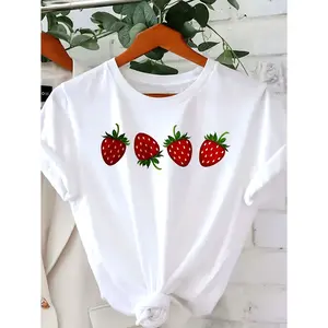 Women S Strawberry Graphic Print Short Sleeve Crew Neck Casual Top for Summer and Spring