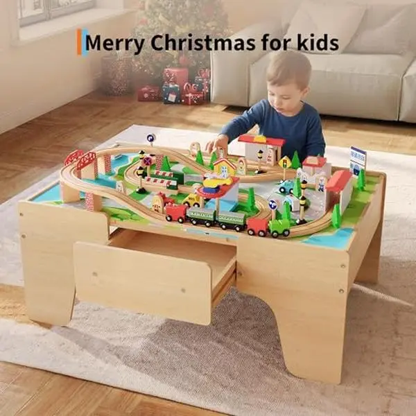 84-Piece Eco-Friendly Solid Wood City-Themed Train Table for Toddlers (6-8 Years), Indoor Creative Playset with Reversible Top, Built-In Storage Drawer, Train Tracks, Natural Finish, Ergonomic Height, Children Development Kit