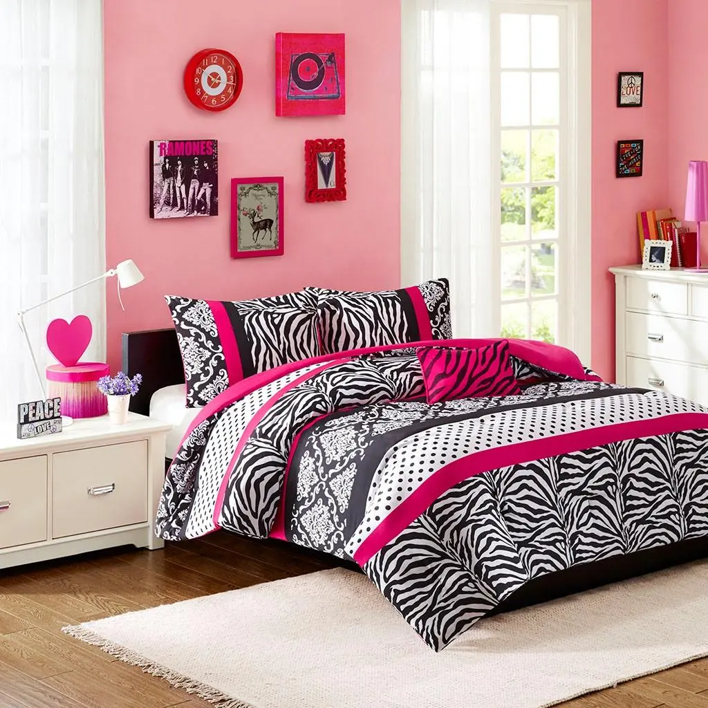 Comforter Set Fun Bedroom Decor - Modern All Season Polka Dot Print, Vibrant Color Cozy Bedding Layer, Matching Sham, Decorative Pillow, Zebra Pink