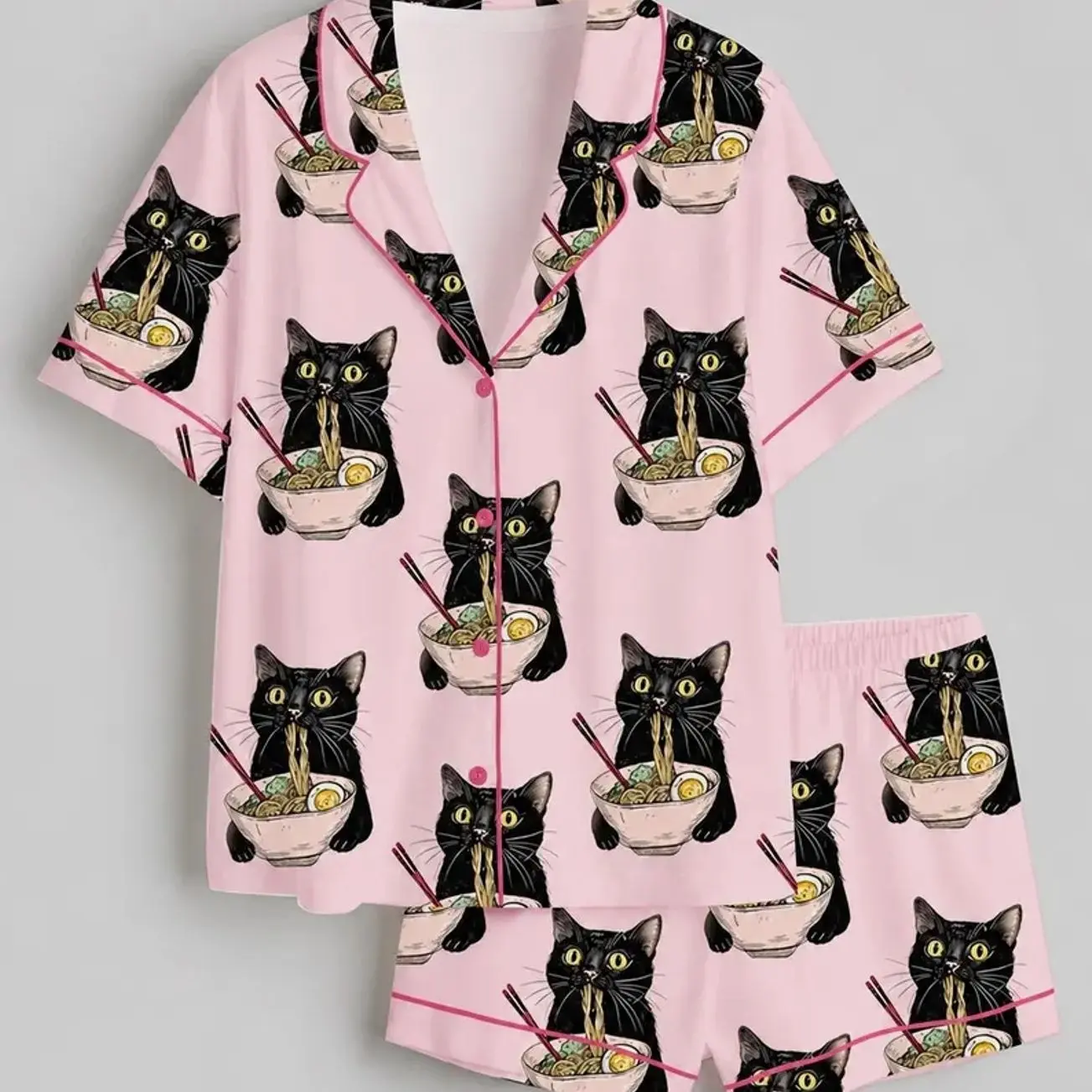 Personalized Noodle Cat Pajama Set, Funny Women's Sleepwear 4NZ