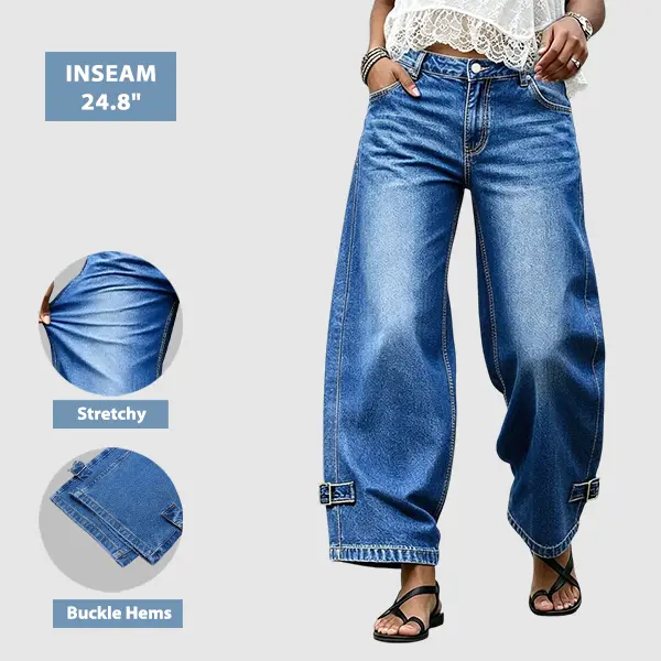 Flamingals Wash Buckle Hem Mid Rise Wide Leg Crop Jeans Stretchy 24.8'' Inseam
