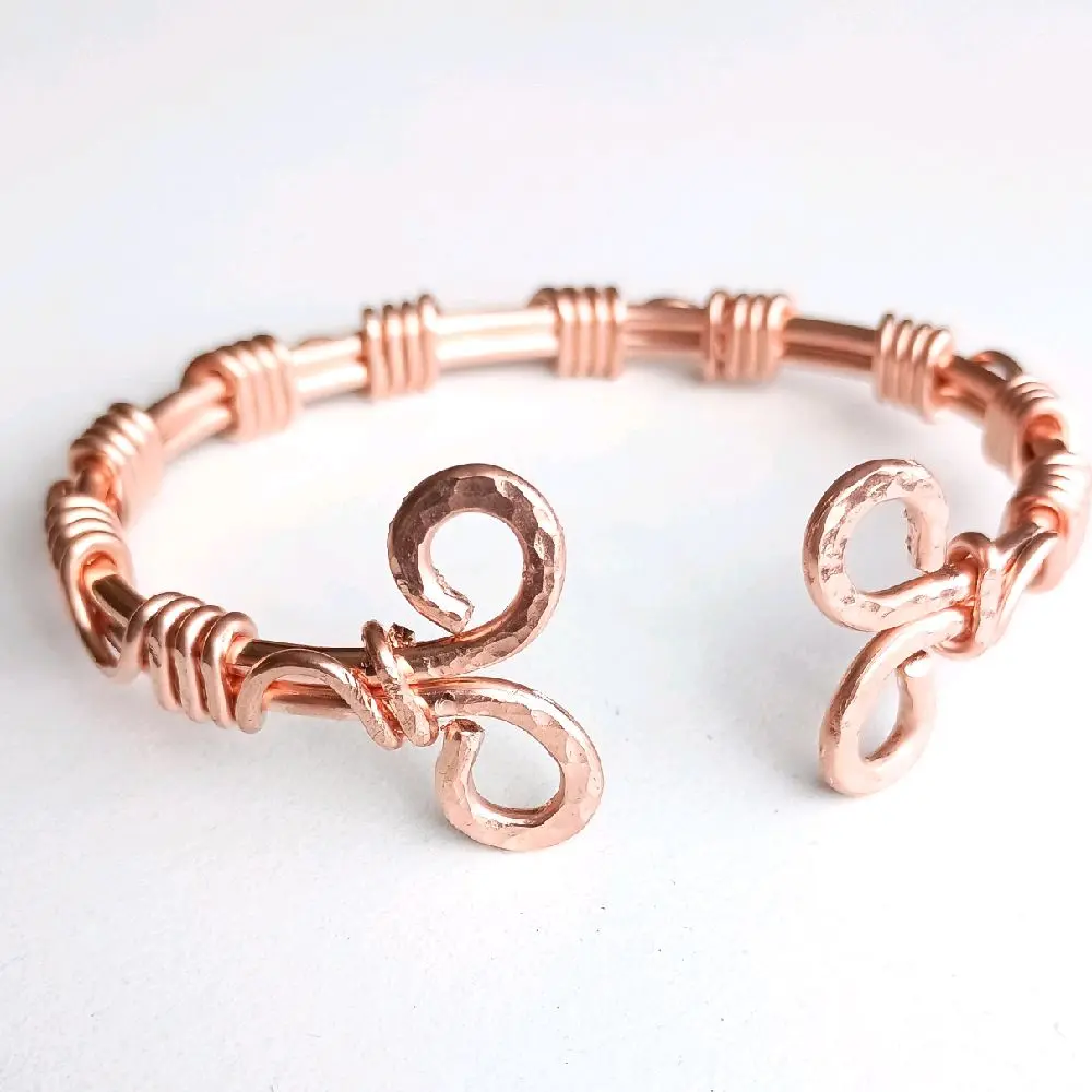 Two Strand Heavy Gauge Hand Hammered Solid Copper Bracelet Unisex Cuff Wrapped Design Arthritis Friendly 10 Gauge Wire Quarter Inch Width Quality Crafted in USA Handmade Jewelry