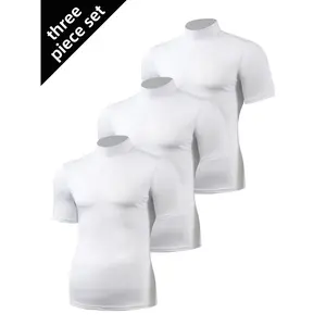 3pcs Men'S Black Short Sleeve T-Shirts - Stretchy Slim-Fit High-Neck Round Neck Tops, Breathable Muscle-Enhancing Gym Shirts for Fitness, Running & Casual Attire, Solid Color Athletic Tees with Smooth Texture, Spring/Autumn Comfort Clothing (Men'S F winte