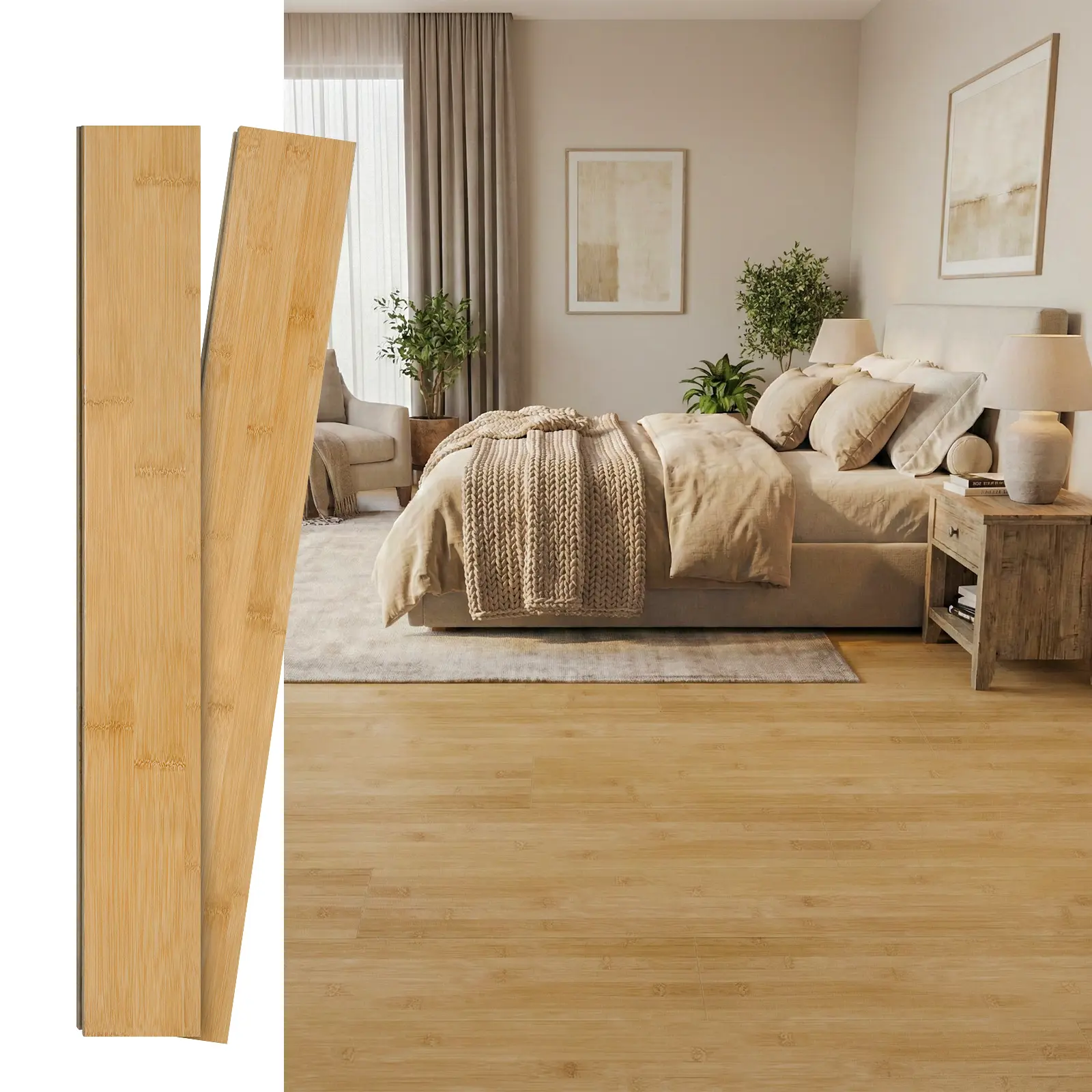 Jeedeson Solid Bamboo Flooring, Eco-Friendly Durable Water-Resistant Tongue-and-Groove Planks, 5.11 in. W x 40.15 in. L x 3/5 in. T, 14 Pcs Cover 20 Sq.ft, Natural Look for Bedroom, Living Room, Study