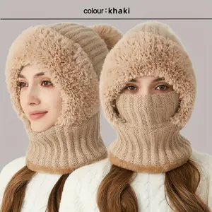 3 in 1 Fleece Lined Winter Hat Scarf Mask Set, Windproof Warm Hooded Neck Warmer with Ear Covers for Outdoor Cycling