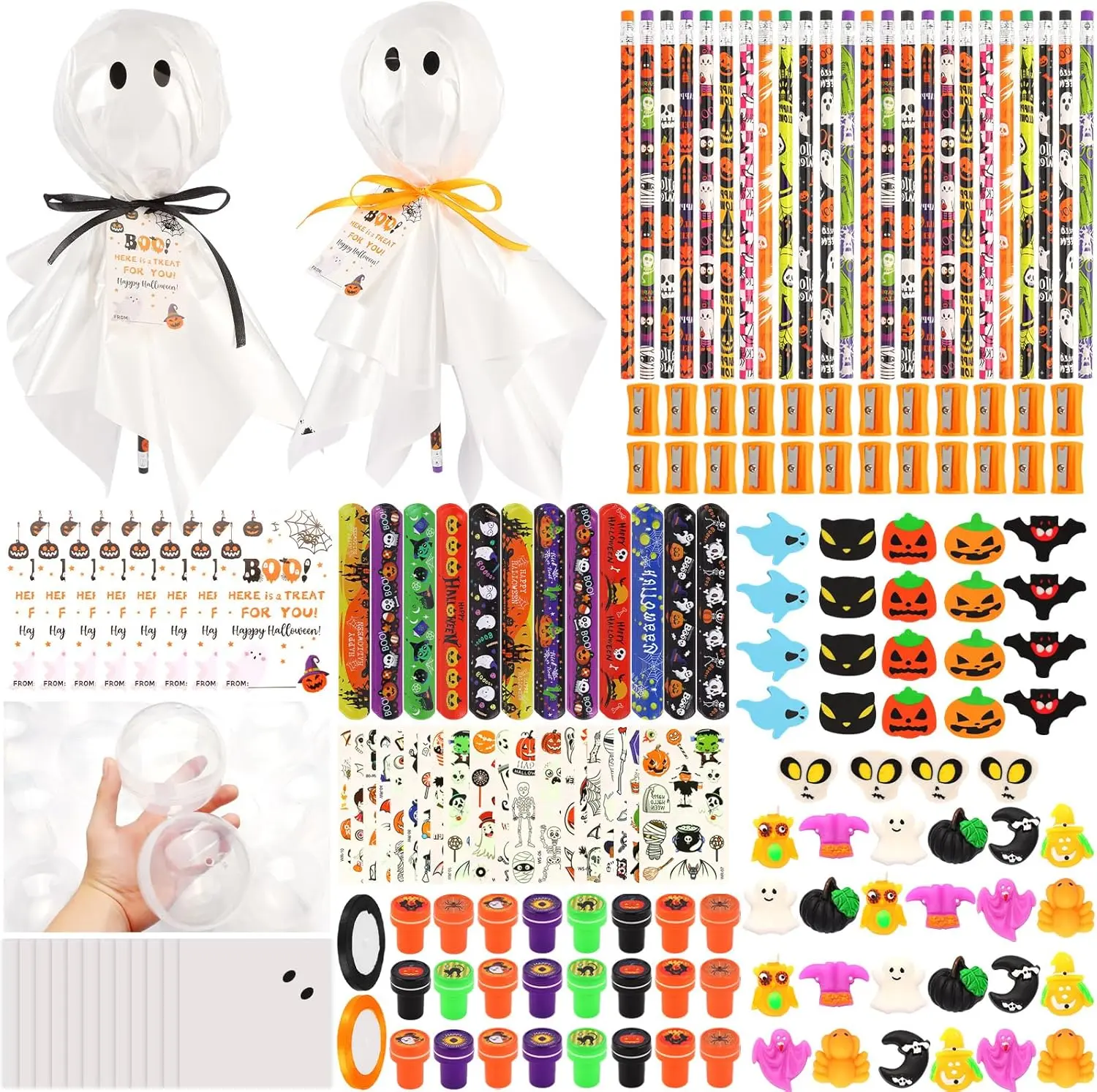 24Pack Halloween Party Favors, Halloween Classroom Gifts Giant Lollipop Gifts for Birthday Party with Gift Cards, Pencils, Erasers, Stickers, Sharpener for Classroom Exchange Party Gift