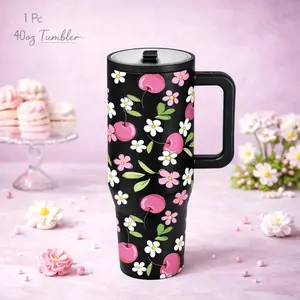 1 Pc 40oz insulated tumbler, double wall vacuum mug, leak proof travel mug with handle, cute cherry floral tumbler, aesthetic pink flower cup, hot cold drinks 12h hot 24h cold, gift for women girls, reusable coffee mug, trendy aesthetic cup