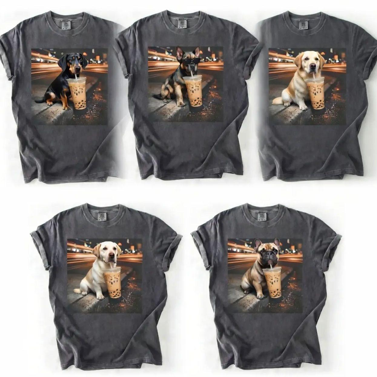 Comfort Colors Funny Dog Tee, Custom 50+ Dog Drinking Iced Coffee Tee, 50+ Dog Breeds Available, Cute Dog Lover, Trendy Aesthetic Dog Tee Top Womenswear Gift for Her TCZ
