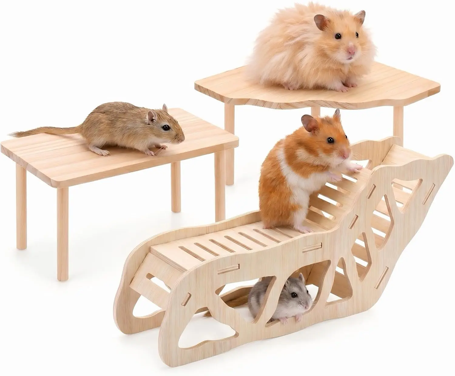 3-Pcs Hamster Wooden Playground Set - Natural Look Animal Habitat, 8.66" x 2.76" x 4.53", 2 Tables, Tunnel for Hamsters, Golden Bears, Mice Cage Accessory