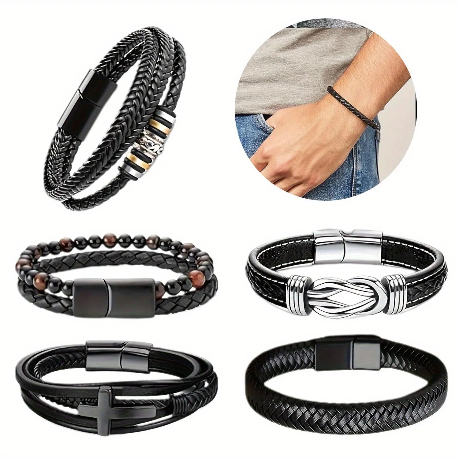 5 pack Leather Braided Braclets Stainless Steel Braided Cuff Bracelets Multi-layer Braided Black Leather Bracelets For Men