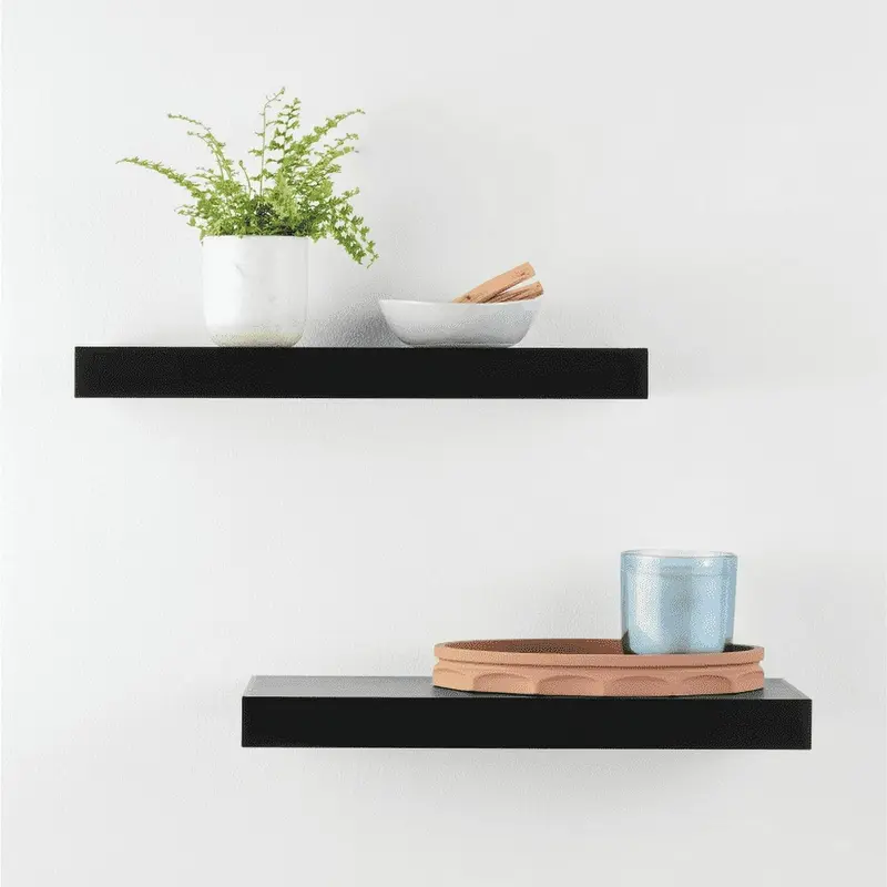 2-Pack Modern Black MDF Floating Bookshelves (16.5" x 5.5" x 1.5"), Lightweight Slim Engineered Wood Rectangle Shelves with Mounting Hardware Incl., 0-5 Kg Capacity, Ideal for Living Room Decoration Items & Small Space Decor, Boyfriend Gifts