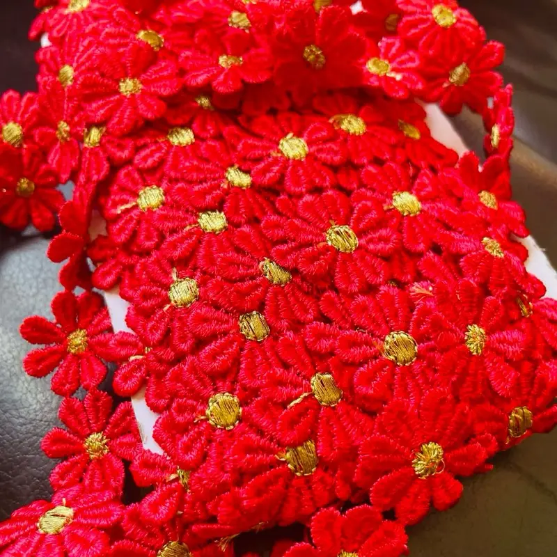Red Daisy Flower Lace Trim with Gold Center 2 Yards Floral Embroidered Sewing Trim 1 Inch Width for Crafting Projects
