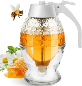 Honey Dispenser, 8Oz Honey Dispenser No Drip Glass with Stand, Honey Container & Coffee Syrup Dispenser for Tea Time & Gifting, Elegant Honeycomb Honey Jar - Honey Pot Bottle for Maple Syrup Bee Timtopno