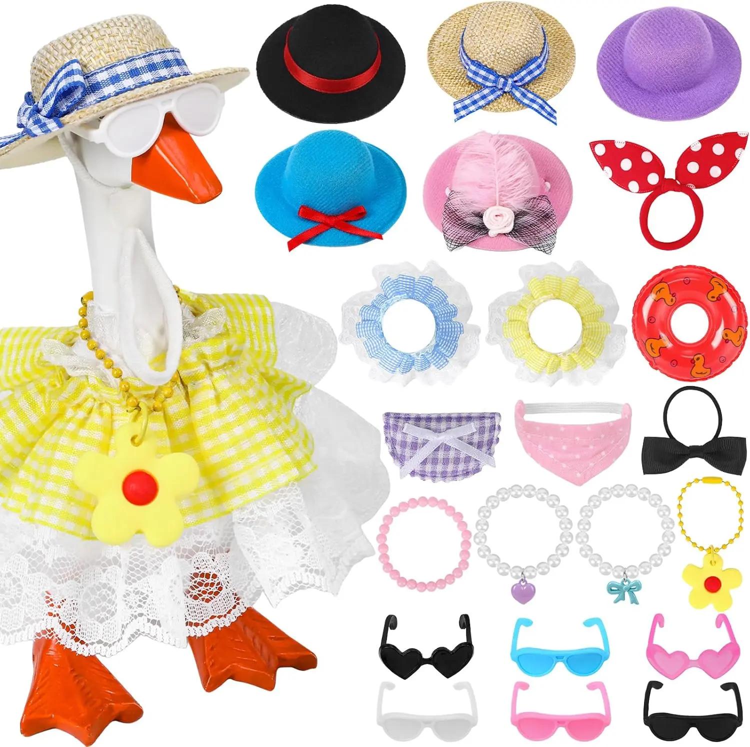 22-Pcs Adjustable Playful Goose Costume Set for 7-inch Mini Goose - Friends, Family Birthdays, House Decoration - Desk Accessory, Aesthetic Desk Setup, Colorful Mix - Includes Hat, Skirt, Sunglasses, Necklace - Sewing & Haberdashery Accessories