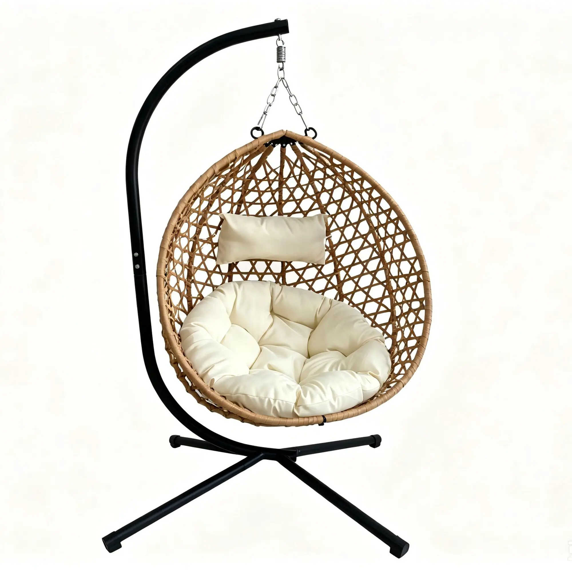 Folding PE Rattan Hanging Egg Chair with Stand, Gray Indoor Outdoor Hammock Swing Basket Chair, Aluminum Steel Frame for Patio Balcony Backyard Bedroom