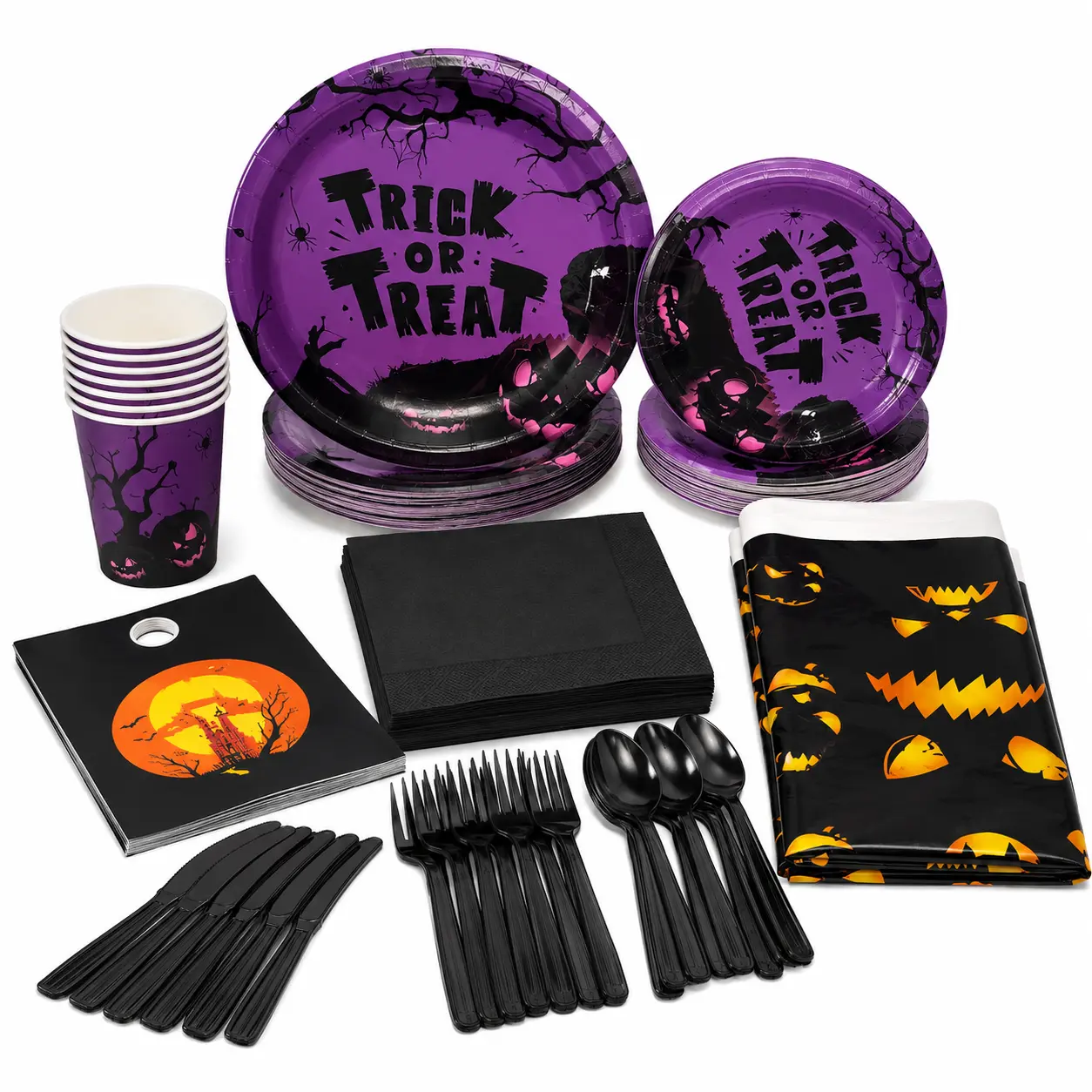 Spooky Halloween Disposable Tableware Set - Coordinated Plates, Cups, Napkins, Cutlery, Table Cover for Party, Trick-or-Treat Event, Home Decor