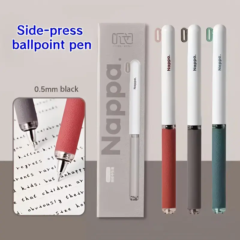 3pcs High-end Vintage Imitation Nappa Side-click Gel Pen Set,  (0.5mm Black Ink). Features a Comfortable Grip, Smooth Writing, Quick-drying Brush Tip, and a Stylish Vintage Aesthetic. Ideal for Students, Office Use Writing Stationery Ballpoint Pen Kit