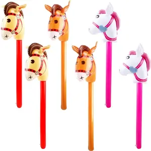 6 Pieces 40 Inch Inflatable Stick Horse Inflatable Horsehead Stick Balloon for Theme Birthday Party Decoration Supply (3 colors)