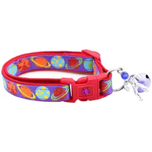 Planets on Purple Breakaway Safety Cat Collar with Jingle Bell & Charm by Pugs2Persians Space Ship Galaxy Alien Astronaut