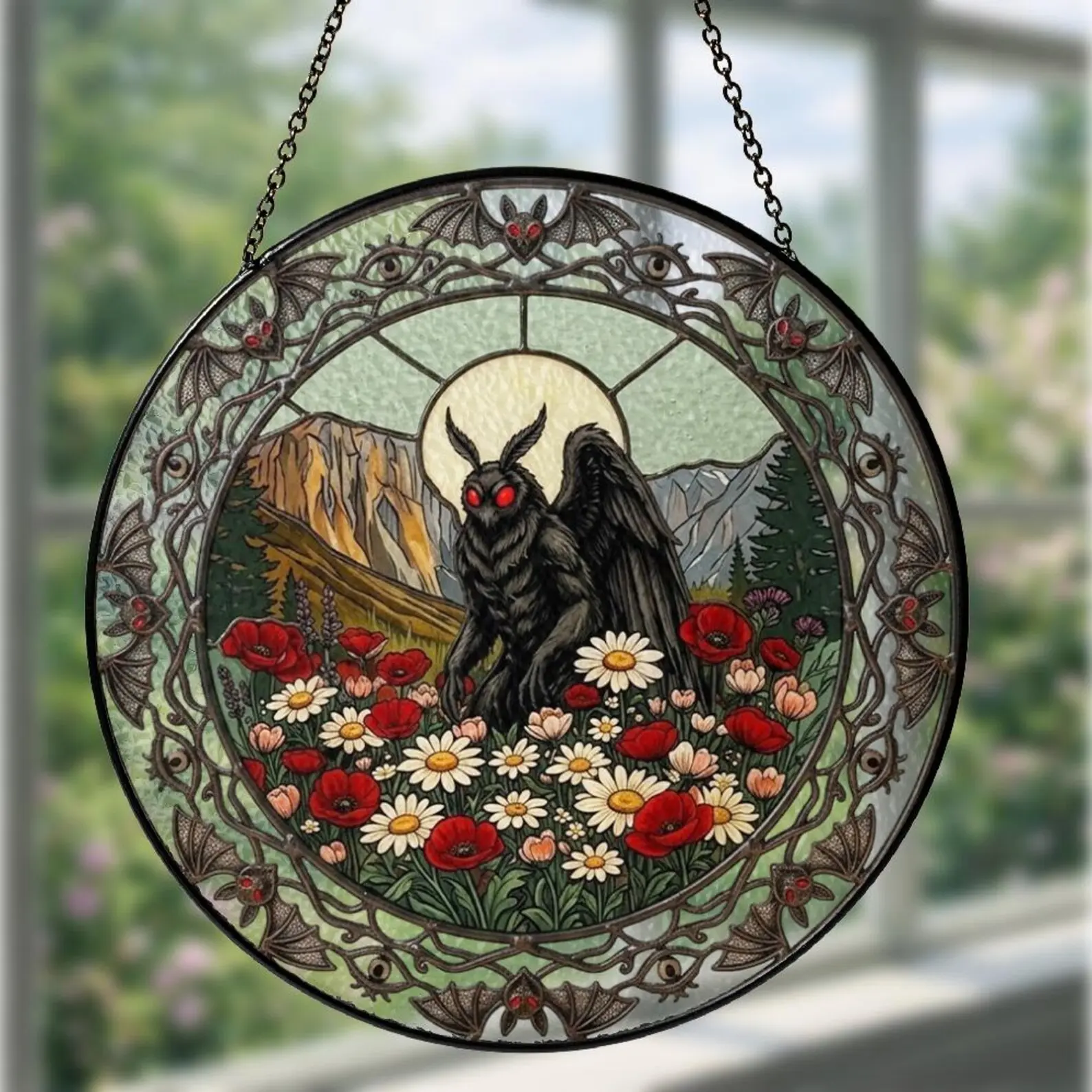 Mothman Stained Glass Window Hanging, Cryptid Sun Catcher, Spooky Season Room Aesthetic