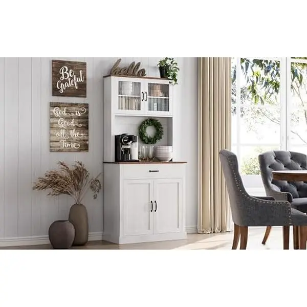 GARVEE Versatile pantry cabinet for kitchen & dining room – Tall sideboard with glass doors, microwave shelf, height-adjustable shelves & drawer, generous storage space – Color: Washed White