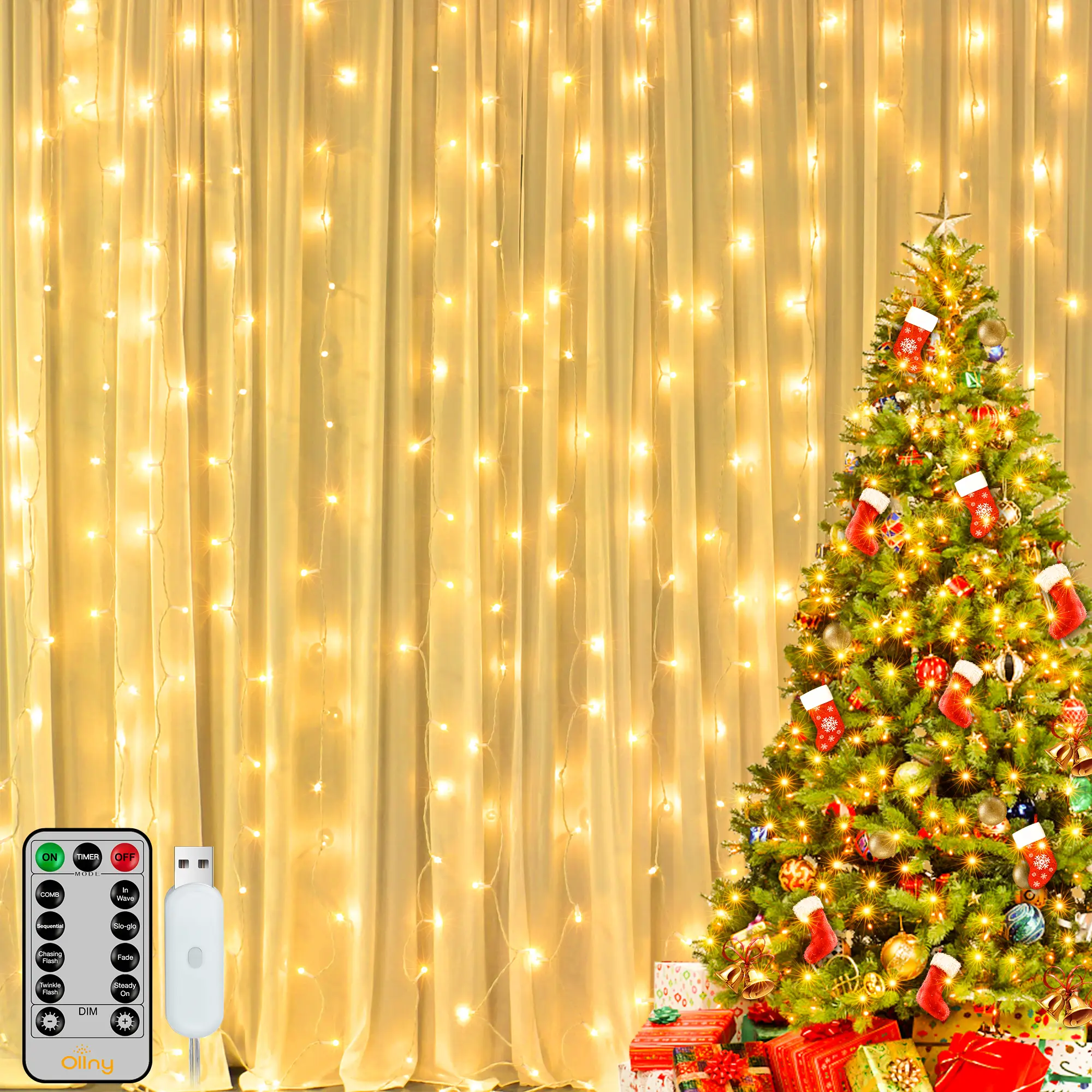 Ollny 200LED Curtain Lights, 6.6x6.6ft USB Fairy Lights Plug In Remote 8 Modes Dimmable Timer, Waterproof Outdoor String Lights for Bedroom Party Pati