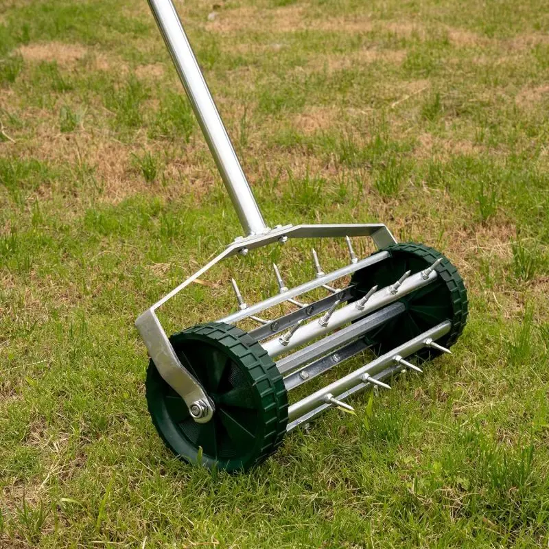 Heavy Duty Rolling Lawn Aerator Tool Kit, 3-Piece Long Steel Handle, Rotary Push Tine Spike Soil Aerator for Garden, Grass Maintenance
