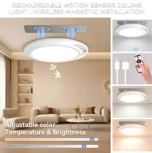 2-Pack Rechargeable Ceiling Lights with Motion Sensor & Remote – Wireless Battery-Powered Magnetic LED Lights, 3 Color Modes, Dimmable for Bathroom, Closet, Pantry, Shed & Hallway