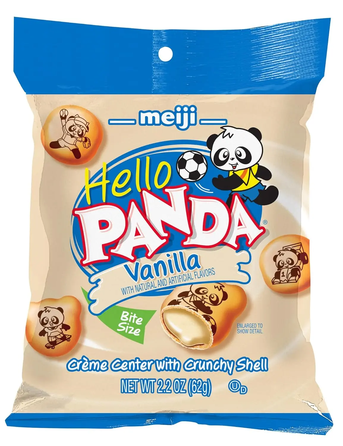 Meiji Hello Panda Cookies Vanilla Crème Filled 2.2 oz Bite Size with Fun Panda Sports Shapes Crunchy Shell US Made - Chocolate
