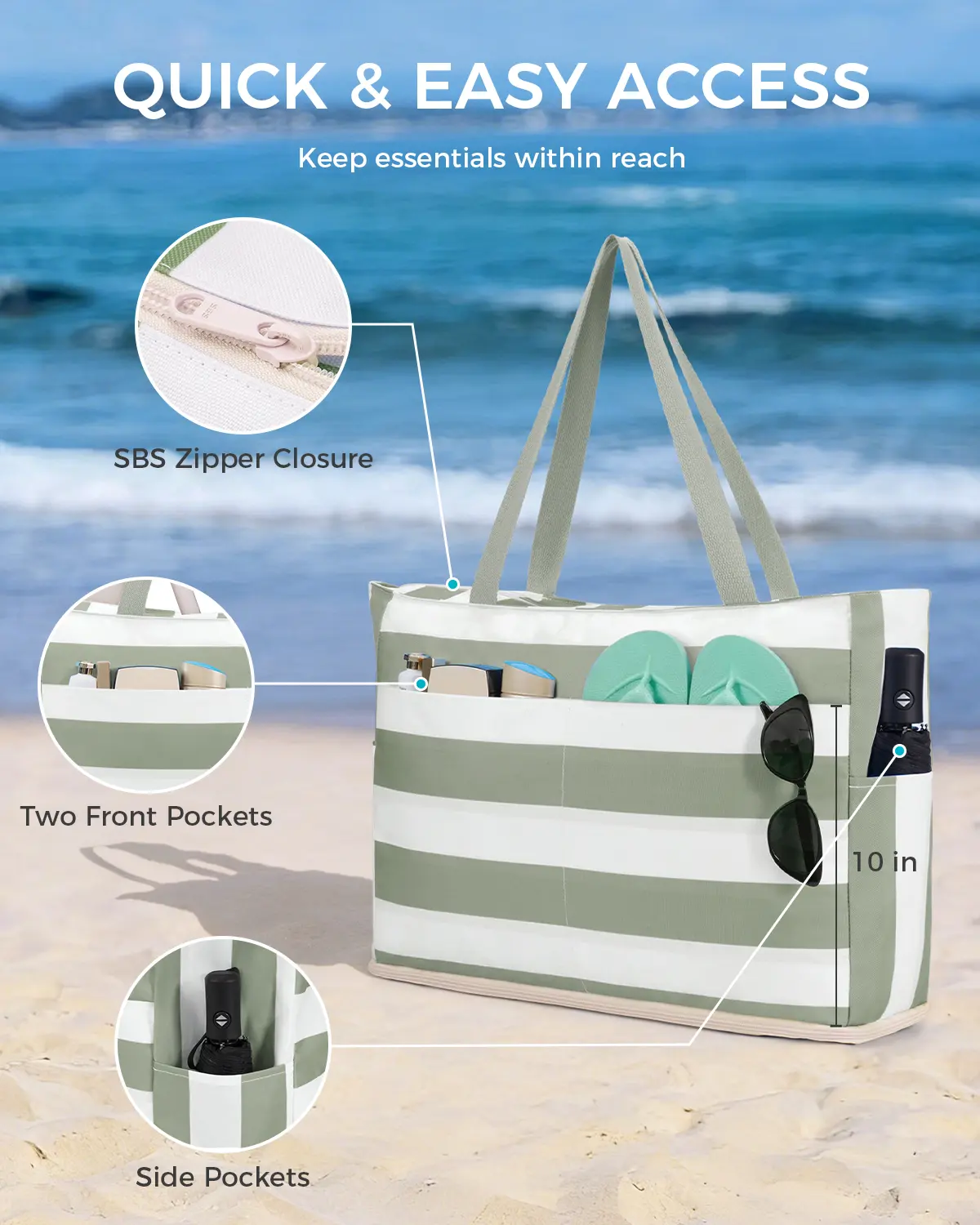 Beach Bags for Women, Large Waterproof Sandproof Beach Tote Bag with Zipper Family Pool Bags with 40oz Tumbler Pocket, Swim Cruise Vacation Essentials  | 40oz Tumbler Pocket