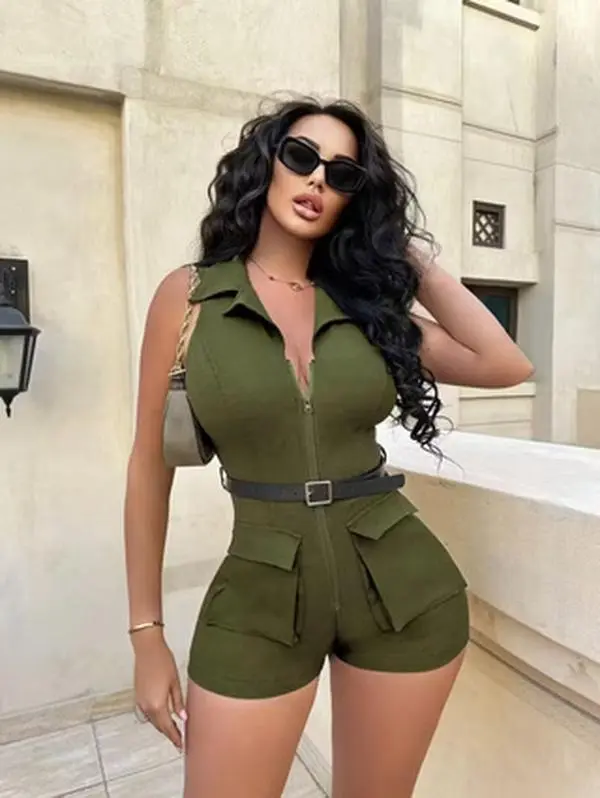 Women's Sleeveless Lapel Zip Front Cargo Short Romper,  High Waist Bodycon Utility Jumpsuit, Curvy Fit Night Out Streetwear Playsuit