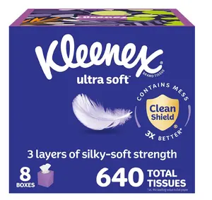 Kleenex Ultra Soft Facial Tissues, 8 Cube Boxes, 80 Tissues per Box, 3-Ply, Packaging Napkin