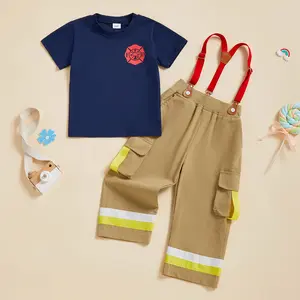 PYBCVRRD Kids Baby Girls Boys Firefighter Outfits Set Costume Short Sleeve T-Shirt Suspender Pants Overalls Halloween Birthday Clothes Set