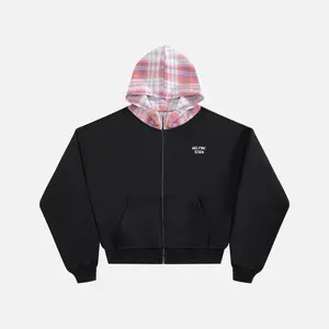 Aelfric Eden Boxy Plaid Hood Zip Up Hoodie Oversized Boxy Cropped Fit Plaid Hood Panel Full-Zip Closure Soft  Fabric Retro Preppy Streetwear Unisex Top