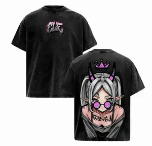 Frieren Streetwear Vintage Anime T-Shirt Elf Girl Purple Crown Graphic Tee Oversized Retro Heavy Cotton Grunge Gift for Frieren Fans Unisex Couple T-shirts R Menswear Top S-5XL