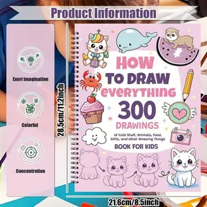 How to Draw 300 Cute Animal Food & Creative Patterns, DIY Drawing, Stress Relief, Coloring, Improve Imagination, Adult Student Gift, Perfect Christmas New year Gift, Pink