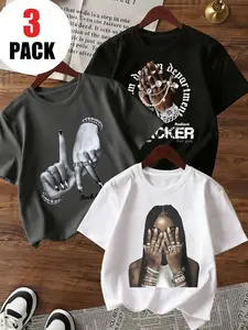 Women's Casual Essential 3-Piece Short Sleeve T-Shirt Set, Graphic Print, Comfortable Fabric, Round Neck, All Seasons, Streetwear