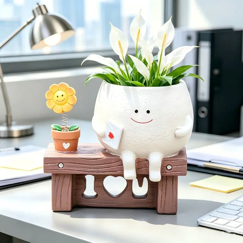 Pricetail Cute Smiley Face Plastic Round Flower Pot & Planter with Plant Saucer - Resin, Black, Ideal Gift, Gift Ideas for Home Decor, Office Indoor Gardening, Outdoor Herb/Succulent Gardens (Home Improvement, Garden Supplies)