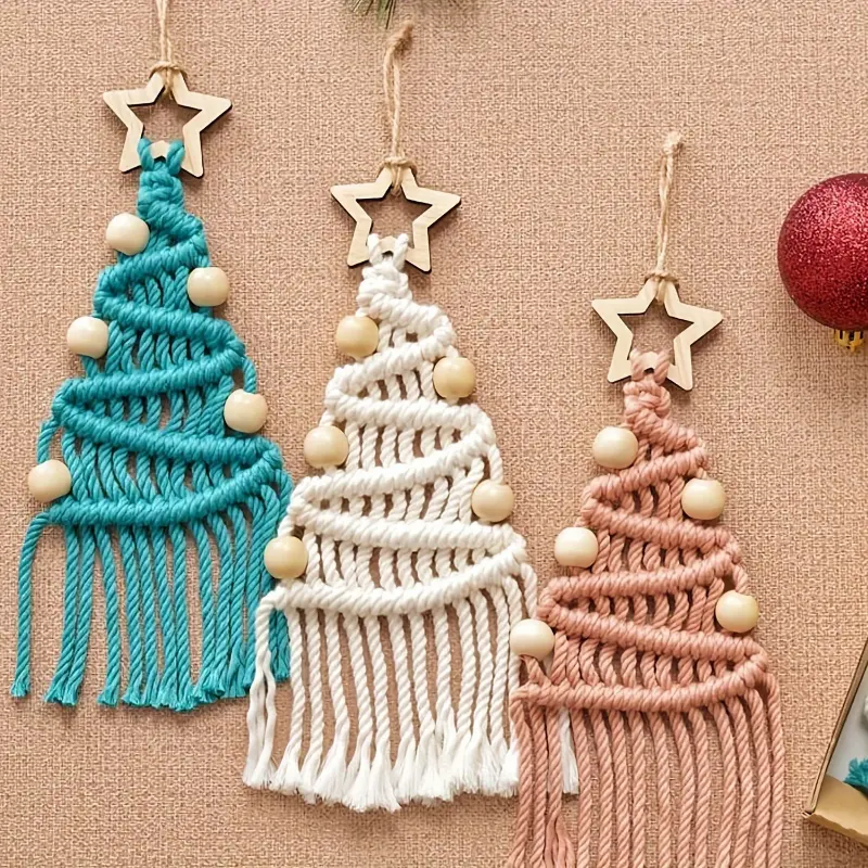 Guopei02 3-Pack Macrame Christmas Tree DIY Craft Kit with Nylon Cord, Wooden Star Decorations, and Beads  Creative Knotted Xmas Ornaments Set with Video & Written Instructions for Holiday Gifts