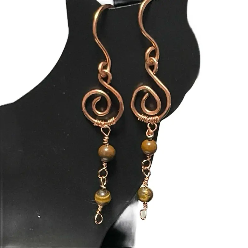 Tiger's Eye & Copper Earrings Handcrafted Spiral Design with Natural Gemstone Beads for Women's Fashion Jewelry